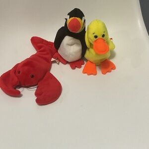 Ty Stuffed Animals Set - Red Lobster, Black and White Puffin, Yellow Duck